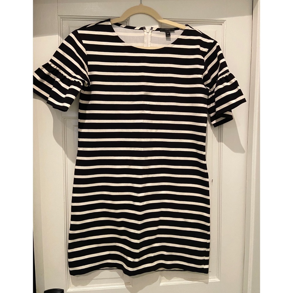J.Crew striped shift dress with ruffled sleeves.